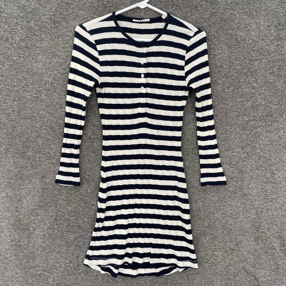 Doen Como Dress Womens XS Blue Stripe Henley Ribbed Knit Long Sleeve Short
